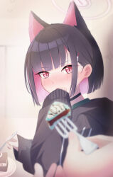 Rule 34 | 1girl, 1other, absurdres, animal ears, black choker, black hair, black jacket, blue archive, blush, cake, cake slice, cat ears, choker, colored inner hair, extra ears, food, fork, halo, highres, holding, holding fork, hood, hood down, hooded jacket, jacket, kazusa (blue archive), long sleeves, looking at viewer, makolas97, multicolored hair, open mouth, pink hair, pink halo, red eyes, short hair