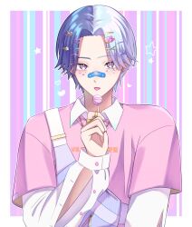 Rule 34 | 1boy, aoyagi touya, bag, bandaid, bandaid on face, bandaid on nose, blue hair, buttons, candy, collared shirt, commentary request, dark blue hair, food, grey eyes, hair ornament, hairclip, hairpin, highres, holding, holding candy, holding food, holding lollipop, jewelry, layered sleeves, lollipop, long sleeves, looking at viewer, male focus, mole, mole under eye, multicolored hair, multiple hairpins, project sekai, ring, shirt, short hair, short over long sleeves, short sleeves, solo, split-color hair, star (symbol), striped, tongue, tongue out, two-tone hair, upper body, vertical stripes, yk62