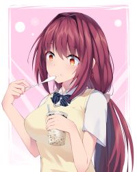 Rule 34 | 1girl, absurdres, black bow, black bowtie, bow, bowtie, breasts, bubble tea, collared shirt, diagonal-striped bow, diagonal-striped bowtie, diagonal-striped clothes, fate/grand order, fate (series), feng mouren, highres, holding, holding spoon, large breasts, long hair, orange eyes, purple hair, scathach (fate), school uniform, shirt, solo, spoon, striped clothes, sweater vest, white shirt, yellow sweater vest