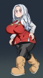 Rule 34 | 1girl, absurdres, ass, blush, boku no hero academia, boots, captain kirb, curvy, eri (boku no hero academia), hand on own hip, highres, horns, huge ass, long hair, long sleeves, looking at viewer, pantyhose, red eyes, red skirt, simple background, single horn, skirt, solo, thick thighs, thighs, walking, white hair, wide hips