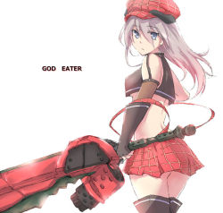 Rule 34 | 10s, 1girl, alisa ilinichina amiella, black footwear, black pantyhose, black thighhighs, blue eyes, boots, breasts, elbow gloves, fingerless gloves, gloves, god eater, god eater burst, hat, holding, holding sword, holding weapon, image sample, long hair, looking at viewer, md5 mismatch, minato satoi, navel, pantyhose, pixiv sample, resolution mismatch, silver hair, simple background, skirt, solo, source larger, suspender skirt, suspenders, sword, thigh boots, thighhighs, underboob, weapon, white background