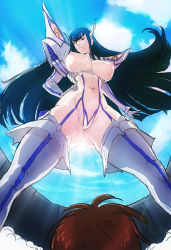 Rule 34 | 10s, 1girl, armor, bad id, bad pixiv id, black hair, blue eyes, blue sky, boots, breastless clothes, breasts, day, elbow gloves, from below, gloves, hand on own hip, headgear, junketsu, kill la kill, kiryuuin satsuki, komoesuta coin, large breasts, long hair, navel, nipples, pauldrons, perspective, revealing clothes, shoulder armor, sky, solo focus, thick thighs, thigh boots, thighhighs, thighs, thrusters