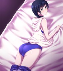 Rule 34 | 1girl, amano hina (tenki no ko), ass, bed sheet, black hair, blue eyes, blue one-piece swimsuit, blue shorts, closed mouth, clothes pull, competition swimsuit, dutch angle, hair between eyes, hood, hood down, hooded jacket, jacket, looking back, lying, on bed, on stomach, one-piece swimsuit, sheet grab, short hair, shorts, shorts pull, sleeveless, sleeveless jacket, solo, sweatdrop, swimsuit, swimsuit under clothes, tenki no ko, white jacket, yyi