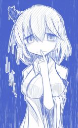 Rule 34 | 10s, 1girl, 221 (tsutsuichi), bare shoulders, blue background, breasts, commentary request, detached sleeves, empty eyes, finger to mouth, hair between eyes, headgear, japanese clothes, kantai collection, large breasts, looking at viewer, monochrome, nontraditional miko, short hair, sketch, solo, translation request, wide sleeves, yamashiro (kancolle)