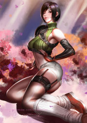 Rule 34 | 1girl, armor, black hair, breasts, closed mouth, crop top, elbow gloves, falling leaves, final fantasy, final fantasy vii, fingerless gloves, fishnet thighhighs, fishnets, foot out of frame, from side, garter straps, gloves, green shirt, headband, highres, kneehighs, leaf, liang xing, lips, looking at viewer, patreon username, red eyes, shirt, short hair, short shorts, shorts, shoulder armor, signature, single bare shoulder, single thighhigh, sitting, socks, solo, square enix, thighhighs, turtleneck, white shorts, yuffie kisaragi