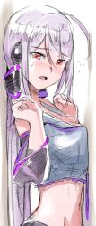 Rule 34 | 1girl, against wall, ahoge, black sleeves, bow, commentary, crop top, detached sleeves, grey shirt, hair bow, hands up, headphones, long hair, looking at viewer, mayo riyo, nail polish, open mouth, purple nails, red eyes, shirt, solo, sweatdrop, trapped, upper body, very long hair, vocaloid, white hair, yowane haku