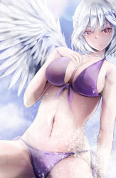 Rule 34 | 1girl, angel wings, bikini, blush, braid, breasts, cleavage, collarbone, cowboy shot, expressionless, feathered wings, french braid, front-tie bikini top, front-tie top, hand on own chest, highres, kishin sagume, large breasts, navel, niradama (nira2ratama), purple bikini, red eyes, short hair, single wing, solo, stomach, swimsuit, touhou, water, white wings, wings