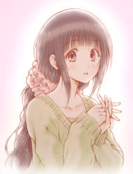 Rule 34 | 1girl, black hair, bluez, chitanda eru, gradient background, green sweater, hair ornament, hair scrunchie, hyouka, long hair, looking at viewer, muted color, open mouth, own hands clasped, own hands together, pink background, purple eyes, scrunchie, smile, solo, sweater, upper body
