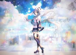 Rule 34 | 1girl, absurdly long hair, bare shoulders, black footwear, black skirt, black sleeves, black thighhighs, blue eyes, blue hair, blue sky, boots, breasts, cloud, cloudy sky, commentary request, day, desk, detached sleeves, full body, hatsune miku, headphones, high heel boots, high heels, long hair, long sleeves, looking at viewer, looking back, pleated skirt, school desk, shiomizu (swat), shirt, skirt, sky, sleeveless, sleeveless shirt, small breasts, solo, standing, standing on one leg, thigh boots, thighhighs, twintails, very long hair, vocaloid, white shirt, wide sleeves