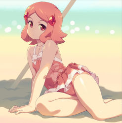 Rule 34 | 1girl, arm support, beach, breasts, cherry blossom print, covered navel, expressionless, floral print, hair ornament, hairclip, highres, leaning to the side, legs, om (nk2007), one-piece swimsuit, outdoors, parted bangs, pink eyes, pink hair, pink one-piece swimsuit, pink skirt, print swimsuit, puzzle &amp; dragons, short hair, sitting, skirt, small breasts, solo, swimsuit, swimsuit skirt, thighs, uzuki sakura