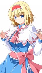 Rule 34 | 1girl, alice margatroid, blonde hair, blue dress, blue eyes, capelet, dress, expressionless, frilled hairband, frills, hairband, highres, jewelry, lolita hairband, puppet rings, red hairband, ring, rise (rise19851203), short hair, simple background, solo, touhou, white background, white capelet