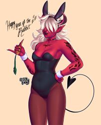Rule 34 | 1girl, animal ears, bare shoulders, black choker, black leotard, black nails, bow, bowtie, breasts, carrot, chinese zodiac, choker, cleavage, colored skin, demon girl, demon horns, demon tail, desdemona (fortnite), earrings, english text, fake animal ears, female focus, fortnite, hair over eyes, hairband, hand on own hip, highleg, highleg leotard, horns, jewelry, leotard, long hair, pantyhose, playboy bunny, pointy ears, rabbit ears, red bow, red bowtie, red skin, sillyfany, small breasts, smile, solo, standing, strapless, strapless leotard, tail, white hair, wrist cuffs, year of the rabbit