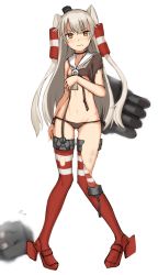 Rule 34 | 10s, 1girl, amatsukaze (kancolle), black panties, blush, breasts, brown eyes, choker, covering breasts, covering privates, dress, full body, garter straps, gluteal fold, grey hair, hair tubes, highres, kantai collection, long hair, mathew (srmmk mce), panties, red thighhighs, rensouhou-kun, sailor dress, side-tie panties, small breasts, solo, sweatdrop, thighhighs, torn clothes, torn legwear, torn thighhighs, two side up, underwear, wavy mouth