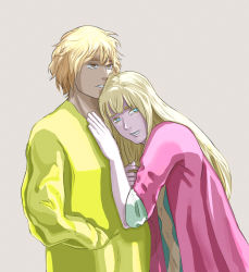 Rule 34 | 2boys, alternate costume, androgynous, blonde hair, blue eyes, blunt bangs, brown eyes, canute, eyelashes, hand on another&#039;s chest, highres, long hair, looking to the side, male focus, messy hair, multiple boys, parted lips, prince, simple background, teeth, thorfinn, viking, vinland saga