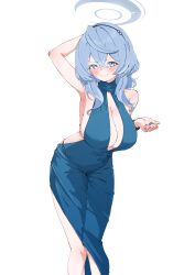 Rule 34 | 1girl, absurdres, ako (blue archive), ako (dress) (blue archive), armpits, blue archive, blue dress, blue eyes, blue hair, blue halo, blush, breasts, cleavage, closed mouth, cuffs, dress, feet out of frame, hair between eyes, halo, handcuffs, highres, large breasts, long hair, official alternate costume, rnekon215, sideboob, simple background, sleeveless, sleeveless dress, solo, white background