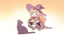 Rule 34 | 1girl, bag, bandaid, bandaid on knee, bandaid on leg, black cat, phyllis (cat) (little witch nobeta), blonde hair, blush, brown bag, brown footwear, cape, cat, closed eyes, dress, full body, game cg, gloves, handbag, happy, hat, hat ribbon, headband, highres, little witch nobeta, long hair, nobeta, non-web source, official art, phyllis (cat) (little witch nobeta), phyllis (little witch nobeta), purple cape, purple thighhighs, red headband, ribbon, shoes, solo, straight hair, thighhighs, white background, white gloves, witch, witch hat, yellow background