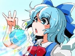 Rule 34 | 1girl, anger vein, blue eyes, blue hair, bow, cirno, dress, frog, frozen, frozen frog, gradient background, hair bow, ice, ice wings, matching hair/eyes, open mouth, shinapuu, short hair, solo, touhou, wings