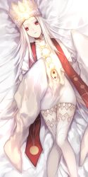 Rule 34 | 1girl, bed sheet, character cutout, colored eyelashes, crown, dress, dress of heaven, expressionless, eyebrows, fate/grand order, fate/stay night, fate (series), female focus, from above, highres, irisviel von einzbern, irisviel von einzbern (caster), jewelry, justeaze lizrich von einzbern, legs together, long hair, looking at viewer, lying, on back, on bed, parted lips, red eyes, solo, thighhighs, very long hair, white hair, wowishi, zettai ryouiki