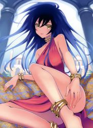 Rule 34 | 1girl, absurdres, anklet, arabian, arabian clothes, barefoot, black hair, bou (inubou), bracelet, collar, convenient leg, highres, jewelry, long hair, long legs, lots of jewelry, open mouth, original, sitting, solo, tan