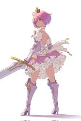 Rule 34 | 1girl, ahoge, alternate hair length, alternate hairstyle, arm garter, armor, armored boots, artistic error, back, backless dress, backless outfit, bare shoulders, blue eyes, boots, bow, breasts, closed mouth, commentary, corrupted twitter file, crescent, crescent earrings, crown, detached collar, dress, earrings, frilled dress, frills, from behind, full body, gauntlets, glaring, gradient hair, greatsword, hair between eyes, heterochromia, high heel boots, high heels, highres, himemori luna, himemori luna (1st costume), holding, holding sword, holding weapon, hololive, jewelry, knee boots, legs apart, looking at viewer, looking back, medium breasts, mini crown, mozuku (honida1215), multicolored hair, pink bow, pink dress, pink hair, purple eyes, purple hair, short hair, simple background, solo, striped, striped bow, sword, two-tone hair, v-shaped eyebrows, virtual youtuber, weapon, white background, white bow
