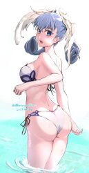 Rule 34 | 1girl, ass, bare shoulders, bikini, blue eyes, blush, breasts, curly hair, embarrassed, from behind, head wings, highres, long hair, looking at viewer, looking back, medium breasts, melia antiqua, mercury xeno, open mouth, purple hair, sideboob, solo, swimsuit, water, wet, wet hair, wings, xenoblade chronicles (series), xenoblade chronicles 1