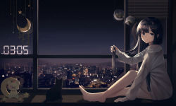 Rule 34 | 1girl, animal, barefoot, black cat, black hair, blue eyes, building, cat, cityscape, closed mouth, commentary request, crescent, hair ornament, hairclip, highres, knee up, long hair, long sleeves, looking at viewer, looking to the side, night, night sky, original, puffy long sleeves, puffy sleeves, shiro (acad1213), shirt, sky, sleeves past wrists, solo, star (sky), star (symbol), starry sky, very long hair, wavy mouth, white shirt, window