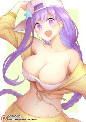 Rule 34 | 1girl, :d, arm up, bandeau, bare shoulders, bb (fate), bb (fate) (all), bb (swimsuit mooncancer) (fate), bb (swimsuit mooncancer) (first ascension) (fate), braid, breasts, collarbone, fate/grand order, fate (series), flat cap, hat, large breasts, long hair, md5 mismatch, navel, open mouth, patreon logo, patreon username, purple eyes, resolution mismatch, sideways hat, simple background, smile, solo, source larger, star (symbol), stomach, upper body, very long hair, waero, white hat