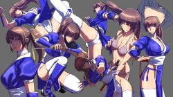 Rule 34 | 1girl, blush, bra, breasts, brown eyes, brown hair, choker, cleavage, dead or alive, female focus, hood, hoodie, iwamoto eiri, japanese clothes, kasumi (doa), katana, kicking, kunai, large breasts, long hair, ninja, open mouth, panties, pelvic curtain, ponytail, simple background, solo, sword, thighhighs, underwear, underwear only, weapon, weapon on back, white thighhighs