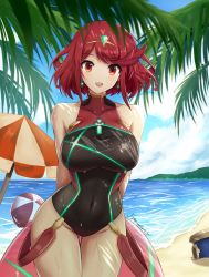 Rule 34 | 1girl, black one-piece swimsuit, breasts, chest jewel, competition swimsuit, covered collarbone, covered navel, fgsketch, gem, gluteal fold, halterneck, headpiece, highres, holding, holding swim ring, innertube, large breasts, one-piece swimsuit, parted bangs, pyra (pro swimmer) (xenoblade), pyra (xenoblade), red eyes, red hair, red one-piece swimsuit, ribbed swimsuit, short hair, solo, strapless, strapless one-piece swimsuit, striped clothes, striped one-piece swimsuit, swept bangs, swim ring, swimsuit, thighs, tiara, two-tone swimsuit, vertical-striped clothes, vertical-striped one-piece swimsuit, xenoblade chronicles (series), xenoblade chronicles 2