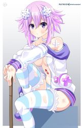 Rule 34 | 1girl, alternate breast size, arms on knees, bandaid, bandaid on arm, breasts, bruise, bruise on face, choker, covered erect nipples, d-pad, d-pad hair ornament, defeat, hair between eyes, hair ornament, helvetica std, highres, holding, holding sword, holding weapon, hood, hooded jacket, injury, jacket, knee up, leaning forward, legs, looking at viewer, medium breasts, midriff, neptune (neptunia), neptune (series), no bra, off shoulder, open clothes, open jacket, panties, pout, purple eyes, purple hair, short hair, solo, stomach, striped clothes, striped panties, striped thighhighs, sword, tears, thighhighs, thighs, torn clothes, torn thighhighs, underboob, underwear, usb, weapon, white choker, white jacket