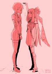 Rule 34 | 2girls, arm up, boots, closed eyes, dated, dress, from side, full body, hair ribbon, hakano shinshi, height difference, kotonoha akane, long hair, looking at another, multiple girls, pink background, pink theme, ribbon, shoes, short hair with long locks, sidelocks, smile, standing, thighhighs, tiptoes, very long hair, vocaloid, voiceroid, yuzuki yukari