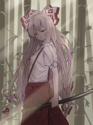 Rule 34 | 1girl, :/, absurdres, arm at side, bamboo, bamboo forest, bow, breasts, buttons, closed mouth, commentary, cowboy shot, forest, from side, fujiwara no mokou, hair bow, highres, holding, holding sword, holding weapon, jitome, kaden (muxt8423), leaf, long hair, looking at viewer, looking to the side, nature, outdoors, pants, puffy short sleeves, puffy sleeves, red eyes, red pants, shade, shirt, short sleeves, sleeve cuffs, small breasts, solo, suspenders, sword, touhou, tsurime, v-shaped eyebrows, very long hair, wakizashi, weapon, white bow, white hair, white shirt