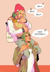 Rule 34 | 2boys, bag, beamed quavers, carrying, contemporary, facial hair, gradient hair, green eyes, green hair, groceries, gyro zeppeli, hat, highres, jacket, johnny joestar, jojo no kimyou na bouken, long hair, male focus, marion-ville, multicolored hair, multiple boys, musical note, paper bag, shoes, shoulder carry, sneakers, steel ball run