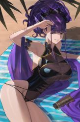 Rule 34 | 1girl, absurdres, armlet, bare shoulders, black one-piece swimsuit, breasts, covered navel, fate/grand order, fate (series), flower, gold trim, hair flower, hair ornament, hair up, highleg, highleg swimsuit, highres, hood (james x), large breasts, long hair, looking at viewer, murasaki shikibu (fate), murasaki shikibu (swimsuit rider) (fate), murasaki shikibu (swimsuit rider) (first ascension) (fate), one-piece swimsuit, purple eyes, purple hair, shawl, smile, solo, swimsuit, thighs