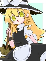 Rule 34 | 1girl, apron, back bow, black dress, black hat, blonde hair, blush, border, bow, braid, breasts, broom, commentary request, dress, eyes visible through hair, frills, green background, grey bow, grey shirt, hair between eyes, hair bow, hand up, hat, highres, kirisame marisa, long hair, looking at viewer, medium breasts, op na yarou, open mouth, puffy short sleeves, puffy sleeves, shirt, short sleeves, simple background, single braid, solo, standing, touhou, white apron, white border, witch hat, wristband, yellow eyes