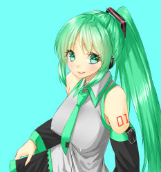 Rule 34 | 1girl, alternate hairstyle, aqua eyes, aqua hair, bad id, bad nicoseiga id, bare shoulders, blue background, detached sleeves, hair ornament, hatsune miku, lips, lipstick, long hair, looking at viewer, makeup, necktie, ponytail, skirt, smile, solo, twintails, unowen, very long hair, vocaloid