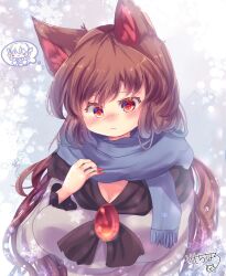 Rule 34 | 1girl, animal ears, blue scarf, blush, breasts, brown hair, cleavage, closed mouth, dress, fingernails, fringe trim, highres, imaizumi kagerou, kemo chiharu, large breasts, long fingernails, long hair, long sleeves, nail polish, red eyes, red nails, scarf, sharp fingernails, signature, solo, touhou, upper body, wakasagihime, white dress, wolf ears