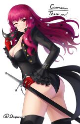 Rule 34 | 1girl, ass, black footwear, black jacket, black leotard, boots, breasts, choker, cleavage, collarbone, commission, cosplay, costume switch, doiparuni, fire emblem, fire emblem engage, gloves, hair ornament, highres, huge ass, jacket, large breasts, laura post, leotard, long sleeves, looking at viewer, mask, nintendo, one eye closed, open clothes, open jacket, persona, persona 5, persona 5 the royal, red eyes, red hair, smile, star (symbol), star hair ornament, sword, thigh boots, voice actor connection, weapon, white background, wink, yoshizawa kasumi, yoshizawa kasumi (cosplay), yunaka (fire emblem)