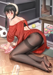 Rule 34 | 1girl, :o, ass, au11, back, back cutout, ball, bare shoulders, black hair, black panties, black pantyhose, blush, chinese commentary, cleaning, clothing cutout, commentary, cup, director chimera (spy x family), dress, drinking glass, earrings, feet, flying sweatdrops, full body, gold earrings, hairband, highres, jewelry, legs, long hair, looking at viewer, looking back, no shoes, off-shoulder sweater, off shoulder, on floor, open mouth, panties, panties under pantyhose, pantyhose, pantyshot, rag, red eyes, red sweater, short hair with long locks, sidelocks, soccer ball, soles, solo, spill, spy x family, stuffed toy, sweater, sweater dress, tennis ball, thighband pantyhose, thighs, toes, underwear, water, white hairband, wooden floor, yor briar