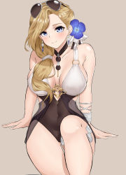 Rule 34 | 1girl, absurdres, azur lane, bad id, bad pixiv id, bare shoulders, blonde hair, blue eyes, blush, bracelet, breasts, cleavage, collarbone, covered navel, earrings, eyewear on head, flower, grey background, hair flower, hair ornament, hair over shoulder, hamu (yuni0349), head tilt, highres, hood (azur lane), hood (lady of the shining sun) (azur lane), jewelry, knee up, large breasts, long hair, looking at viewer, necklace, one-piece swimsuit, see-through, simple background, sitting, smile, solo, sunglasses, swimsuit, thigh strap