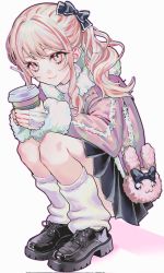 Rule 34 | 1other, akiyama mizuki, animal bag, black footwear, black skirt, blue bow, bow, closed mouth, commentary, cup, fluffy, fur-trimmed jacket, fur trim, hair bow, highres, holding, holding cup, jacket, leg warmers, long hair, nazoko (sksmsalwkdi), pink eyes, pink hair, pink jacket, pleated skirt, project sekai, rabbit bag, shoes, skirt, smile, solo, squatting, sweater, very long hair, white leg warmers, white sweater