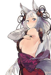 Rule 34 | 10s, 1girl, animal ears, backless outfit, bare back, blue eyes, blush, breasts, detached sleeves, duoyuanjun, erune, granblue fantasy, hair ornament, highres, kanzashi, long hair, parted lips, sideboob, simple background, societte (granblue fantasy), solo, tail, very long hair, white background