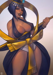 Rule 34 | 1girl, ankh, bad id, bad tumblr id, black dress, black hair, blue eyes, bob cut, breasts, cleavage, commentary, covered erect nipples, dark-skinned female, dark skin, dress, eliza (skullgirls), english commentary, eyelashes, halterneck, highres, large breasts, lips, looking at viewer, microphone stand, nat the lich, no bra, nose, short hair, showgirl skirt, simple background, skullgirls, solo, thighs, tiara