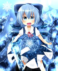 Rule 34 | 1girl, akisha, bad id, bad pixiv id, blue eyes, blue hair, blush, bow, cirno, dress, fang, hair bow, highres, ice, ice wings, matching hair/eyes, open mouth, short hair, solo, touhou, wings