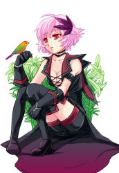 Rule 34 | 10s, 1girl, bird, breasts, chain chronicle, cleavage, flower, gloves, jh, nina (chain chronicle), purple eyes, short hair, simple background