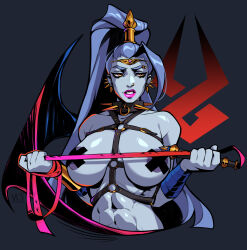 Rule 34 | 1girl, abs, absurdres, adapted costume, areola slip, bandaged wrist, bandages, black eyeliner, blue hair, breasts, chest harness, circle, collar, colored nipples, colored skin, commentary, cross pasties, demon wings, dominatrix, english commentary, eyebrow piercing, eyeliner, grey nipples, grey skin, hades (series), hades 1, hair tubes, harness, high ponytail, highres, holding, holding whip, large areolae, large breasts, lipstick, long hair, makeup, megaera (hades), moi yablochki, nose piercing, o-ring, pasties, piercing, pink lips, single vambrace, single wing, sneer, solo, spiked collar, spiked ear piercing, spikes, thick eyebrows, toned, vambraces, very long hair, wings, yellow eyes