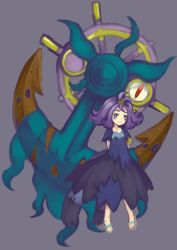 Rule 34 | 1girl, :3, acerola (pokemon), anchor, aqua footwear, armlet, arms behind back, closed mouth, creatures (company), dhelmise, dress, elite four, flipped hair, full body, game freak, gen 7 pokemon, hair ornament, half updo, highres, karaage (pixiv3291302), nintendo, pokemon, pokemon (creature), pokemon sm, purple background, purple eyes, purple hair, sandals, seaweed, shoes, short hair, short sleeves, smile, standing, stitches, torn clothes, torn dress, torn sleeves, trial captain