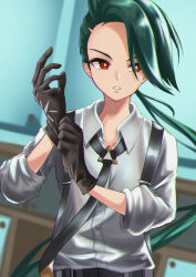 Rule 34 | 1girl, absurdres, adjusting clothes, adjusting gloves, black gloves, black necktie, blurry, blurry background, bright pupils, collared shirt, commentary request, creatures (company), game freak, gloves, green hair, hands up, highres, indoors, long hair, looking at viewer, necktie, nintendo, parted lips, pokemon, pokemon sv, red eyes, rika (pokemon), shirt, solo, suspenders, white pupils, zorome apu