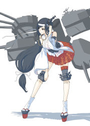 Rule 34 | 1girl, adjusting hair, bare shoulders, black hair, breasts, brown eyes, closed mouth, detached sleeves, full body, fusou (kancolle), geta, hair ribbon, hand in own hair, headband, headgear, highres, japanese clothes, kantai collection, kimono, knee pads, leaning forward, legs apart, long hair, long sleeves, looking to the side, low-tied long hair, machinery, medium breasts, nito (nshtntr), obi, print kimono, print skirt, red skirt, ribbon, rigging, sash, shadow, simple background, skirt, smile, solo, standing, swept bangs, tabi, turret, very long hair, white background, white legwear, white ribbon, wide sleeves
