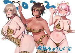 Rule 34 | 2022, 3girls, absurdres, amano don, animal ears, animal print, text background, bare shoulders, bikini, blue eyes, blush, breasts, brown hair, cleavage, closed eyes, collarbone, commentary request, dark-skinned female, dark skin, grin, hair ornament, hairclip, hands up, highleg, highleg swimsuit, highres, kotoyoro, large breasts, long hair, looking at viewer, micro bikini, mole, mole under mouth, multiple girls, navel, new year, one-piece swimsuit, open mouth, orange one-piece swimsuit, original, pink hair, purple eyes, short hair, short twintails, simple background, skindentation, smile, swept bangs, swimsuit, thighhighs, thighs, tiger ears, tiger print, twintails, white background